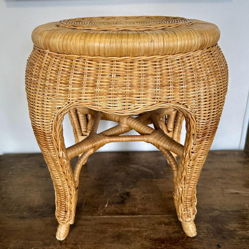 Vintage Boho Rattan Footstool | 1970's Bohemian Wicker Side Table